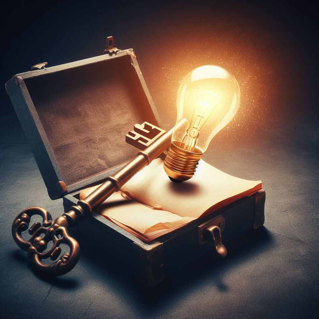 Close-up of an antique bronze skeleton key slowly unlocking a wooden script box that emanates a glowing lightbulb, metaphorically representing the concept of unlocking one's creative screenwriting potential to generate story ideas.