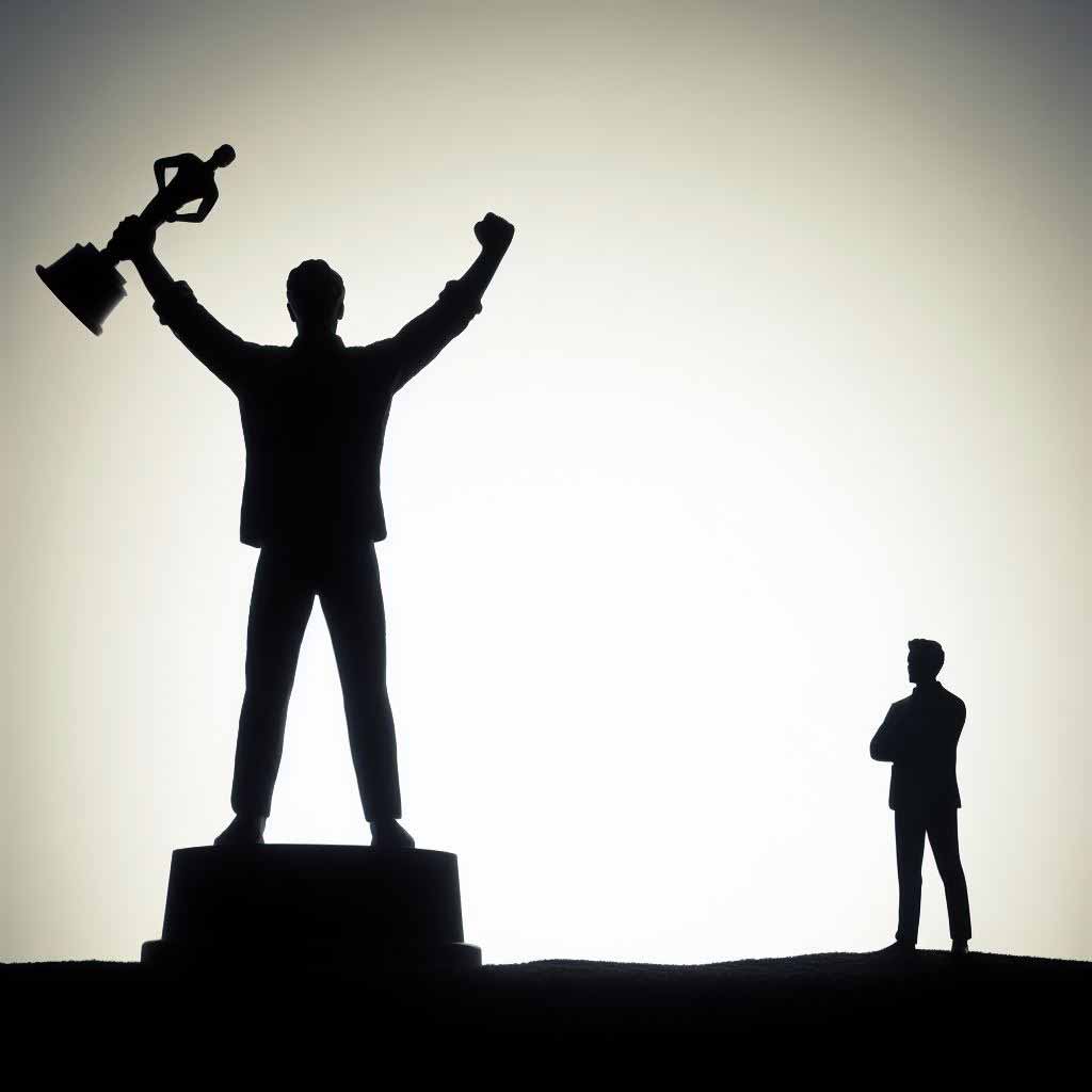 A silhouetted actor triumphantly hoists up an award statue while a tiny silhouetted writer stands unnoticed in the background, conveying the lack of recognition for screenwriters.