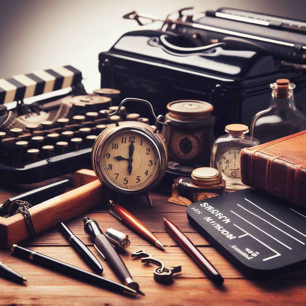A classic typewriter, clapperboard, antique pens and alarm clock shot together on a desk from a low angle perspective to inspire pursuing screenwriting dreams.