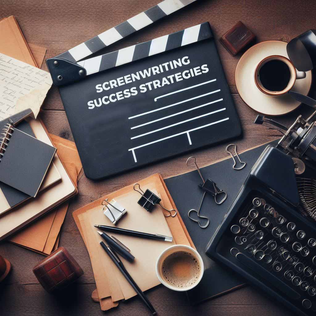 A wooden desk featuring retro items like a typewriter, stack of papers, coffee mug, and clapperboard reading 'Screenwriting Success Strategies' . Items related to classic scriptwriting displayed from an overhead angle in a creative composition.