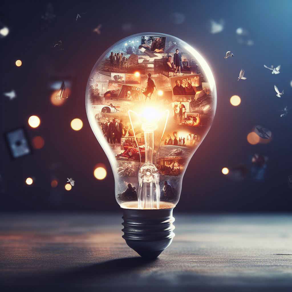 Ideas light bulb with small scenes inside alluding to creative eureka moments