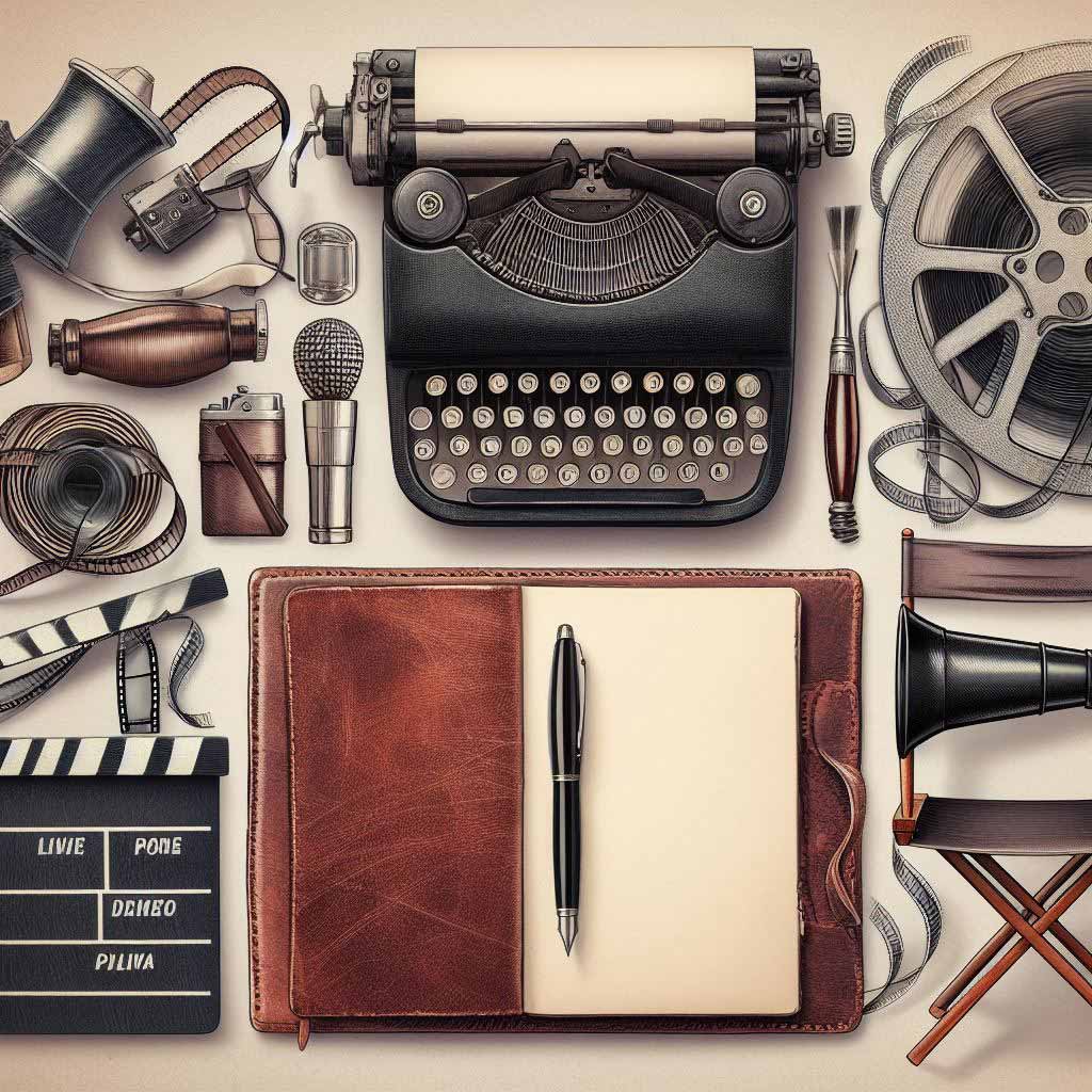 A collage of vintage typewriter, fountain pen, film reel, director's chair, clapperboard, leather journal depicting traditional screenwriting equipment