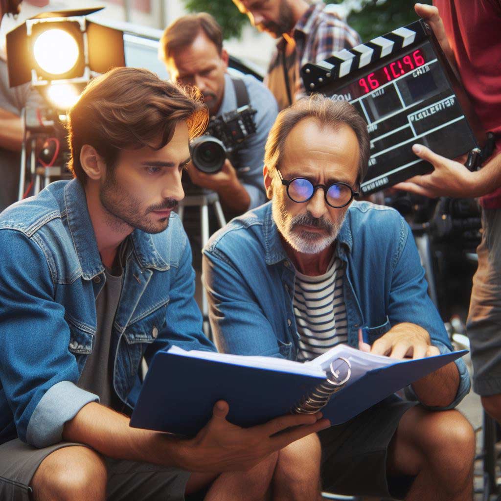 Behind the scenes photo of female script supervisor and male director on studio lot reviewing binder of continuity notes collaboratively to address script discrepancies during filming.