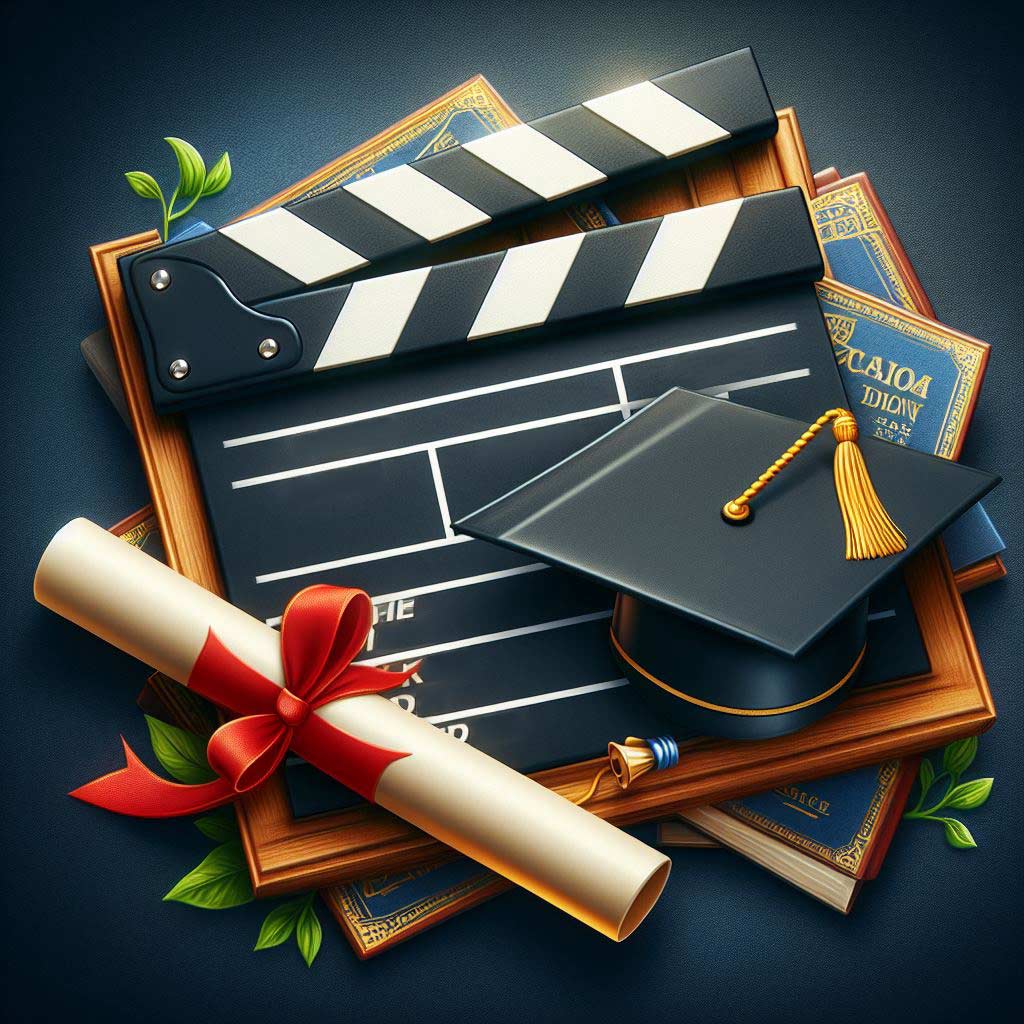 A traditional film production clapboard with an academic graduation cap and diploma superimposed over the iconic movie slate graphic, representing the connections between pursuing a screenwriting degree and preparing for a career in the film industry.