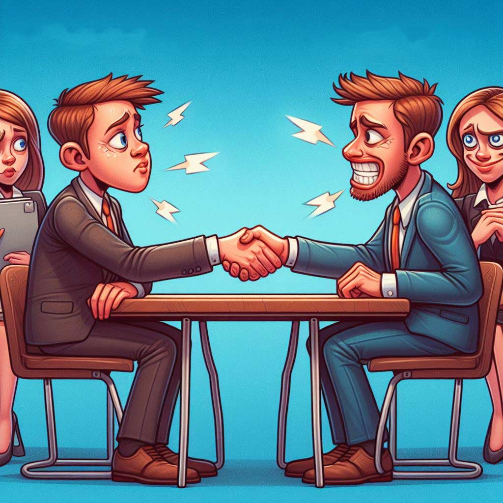 Job interview illustrated guide contrasting eager attentive handshake body language against poor slouched disinterested postures.