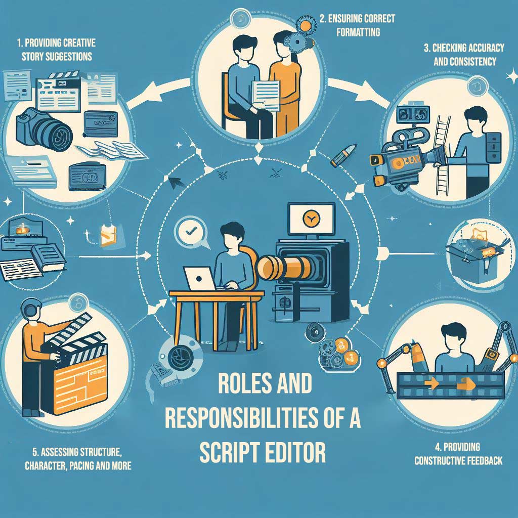 An infographic flowchart with illustrated graphics depicting the core duties of a script editor at each stage of the screenplay refinement process including reviewing narrative, checking formatting, verifying details, and providing writer feedback.