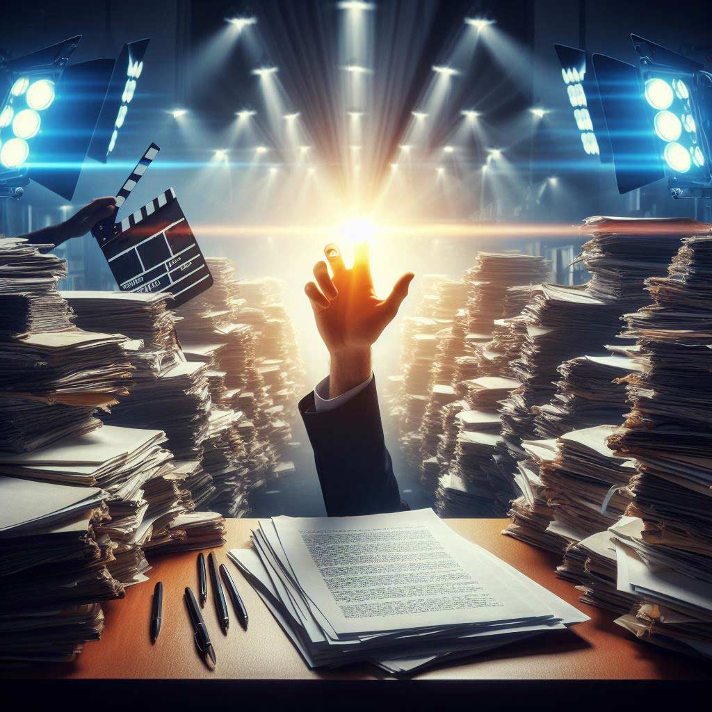 A messy film studio exec desk with stacks of screenplay manuscripts piled high. A hand reaches down grasping one script shining in light.