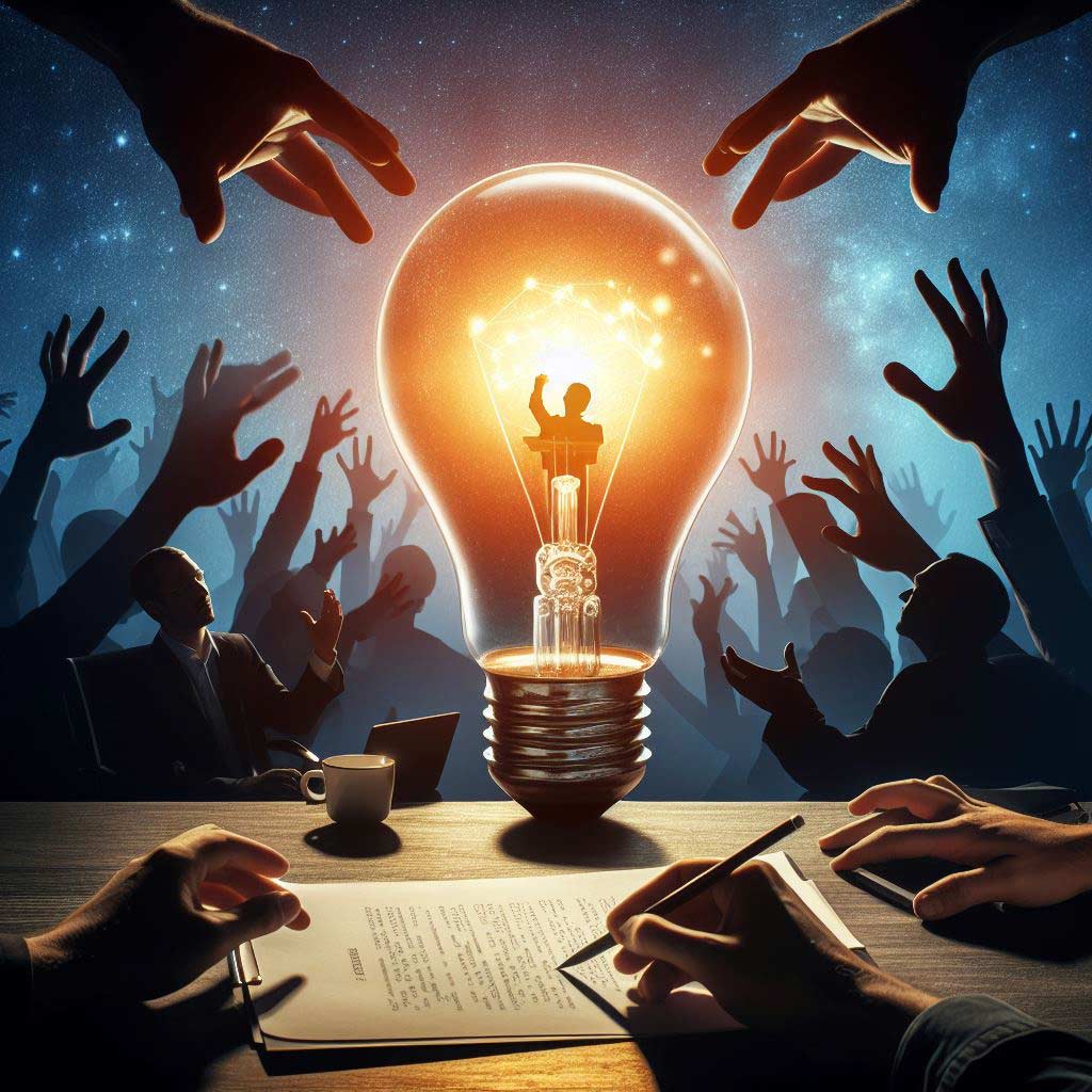 A classic yellow lightbulb emitting a bright glow sits on top of a desk, surrounded by darkness. Inside the glass bulb, there is a visualized scene from a movie script. Around it, multiple dark disembodied hands reach out in silhouette towards the illuminated lightbulb, appearing excited and eager to grab it.