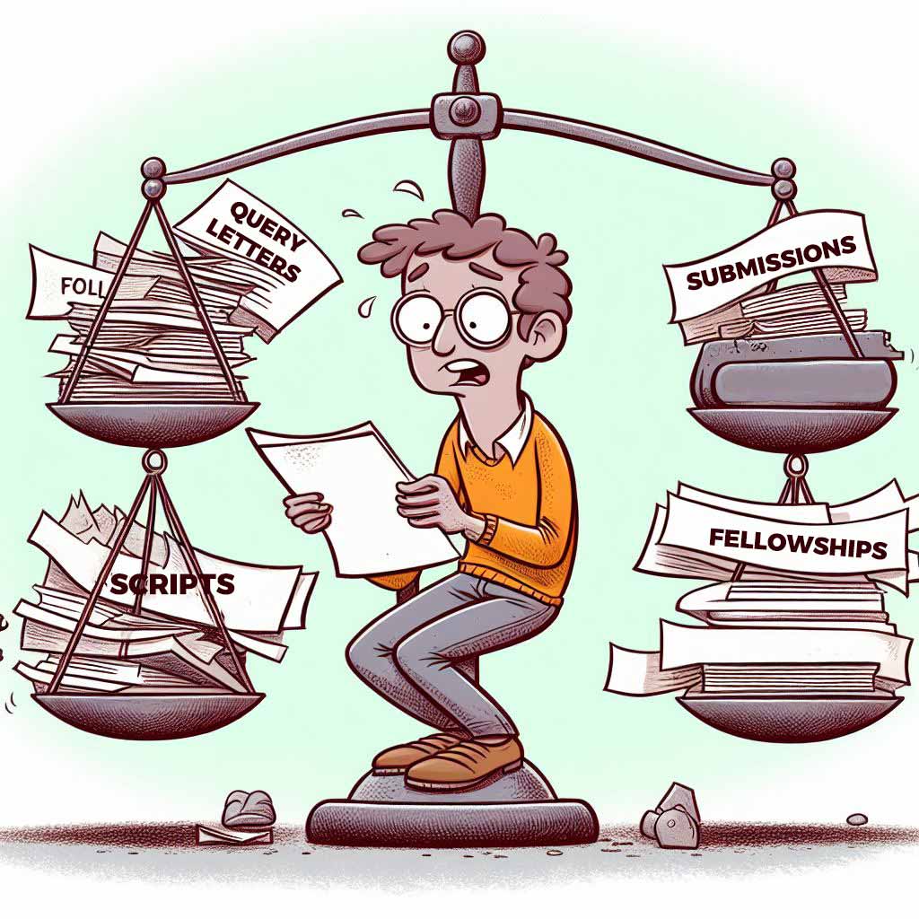 Cartoon shows a writer carefully balancing scripts, query letters, contests submissions, fellowships applications - not relying solely on competitions