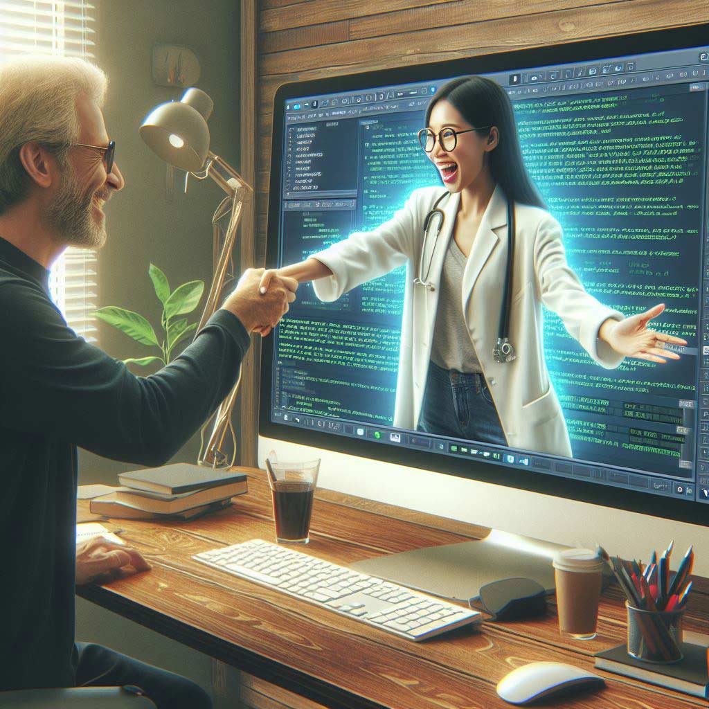 An excited young female director with curly hair wearing a black t-shirt, shaking hands with a smiling elderly male screenwriter in a blue button-down shirt, as they stand in front of a floating computer monitor showing a scriptwriting software interface with character profiles, scene cards and formatting tools visible in it. There is a bookshelf, potted plant, and framed movie poster visible in the background of the modern office space.