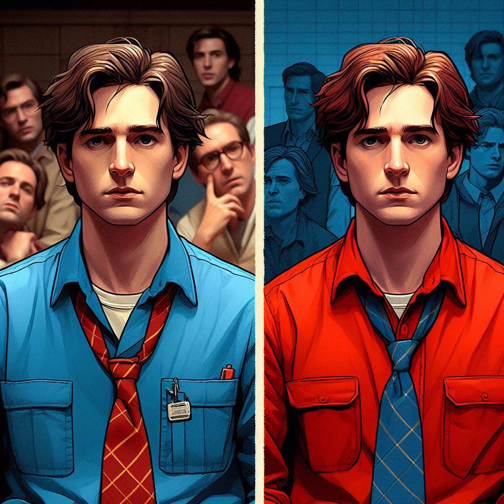 Side by side images revealing clothing continuity breach as lead character wears blue shirt in one scene but suddenly red shirt in the following scene edit without narrative reason.