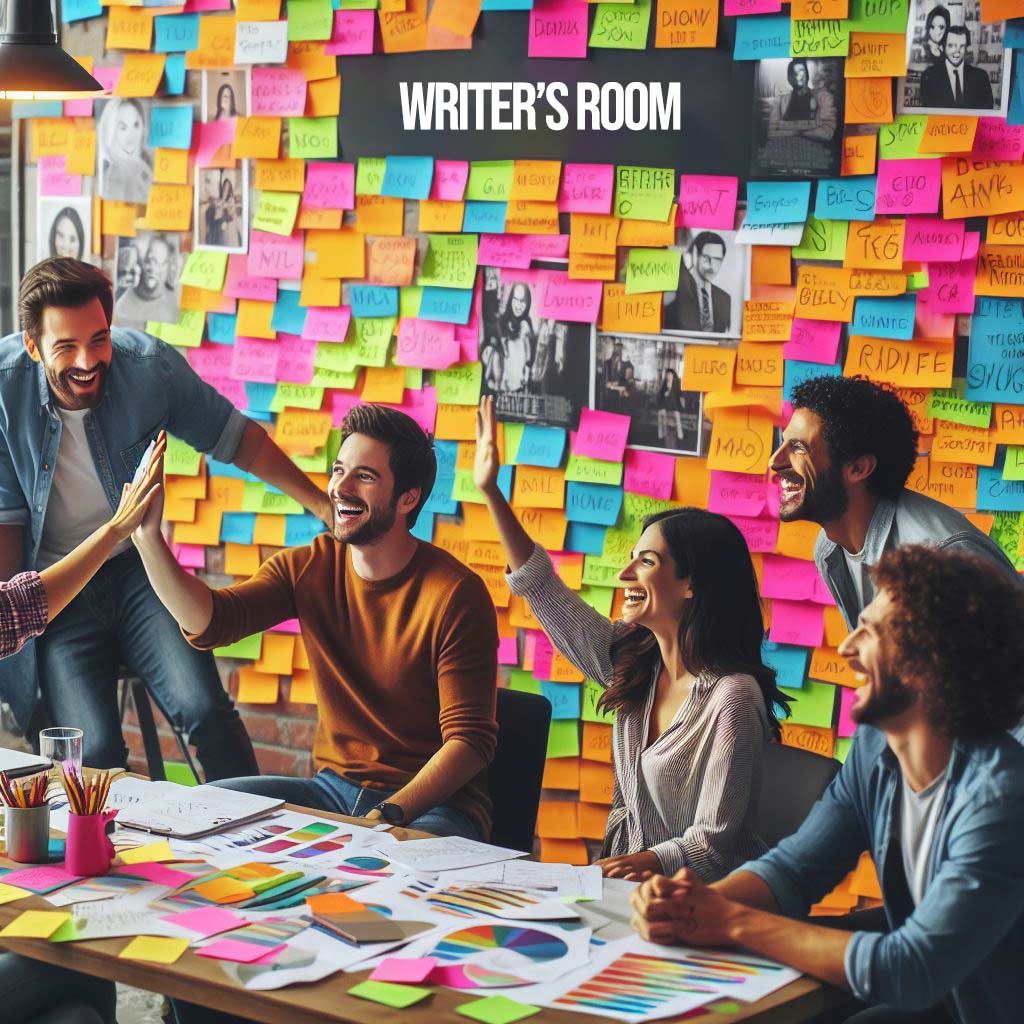  Writers room team building story arcs for sitcom. Colorful notes cover walls showing collaborative idea generation and feedback.