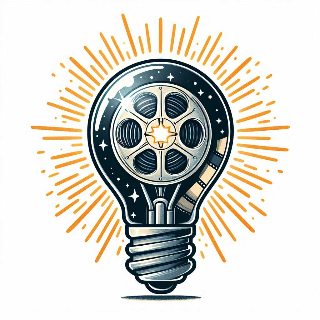 Lightbulb decorated with film reel imagery shining brightly to represent essential screenwriting skills and knowledge necessary to craft scripts that resonate with readers, moviegoers and industry professionals