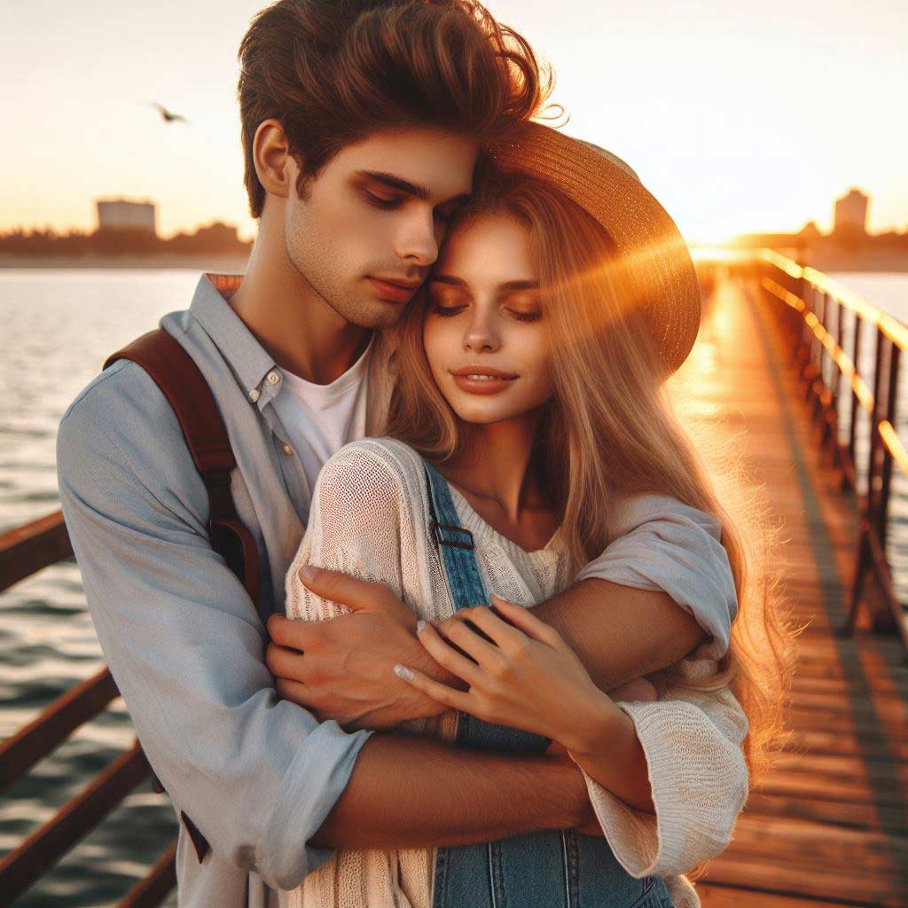 A young couple gazes into each other's eyes lovingly as they share an intimate embrace at sunset on a beach pier, representing building affection.