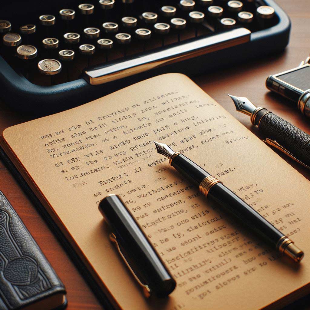 Notebook excerpting screenplay text beside old fashioned pen represents screenwriting practice