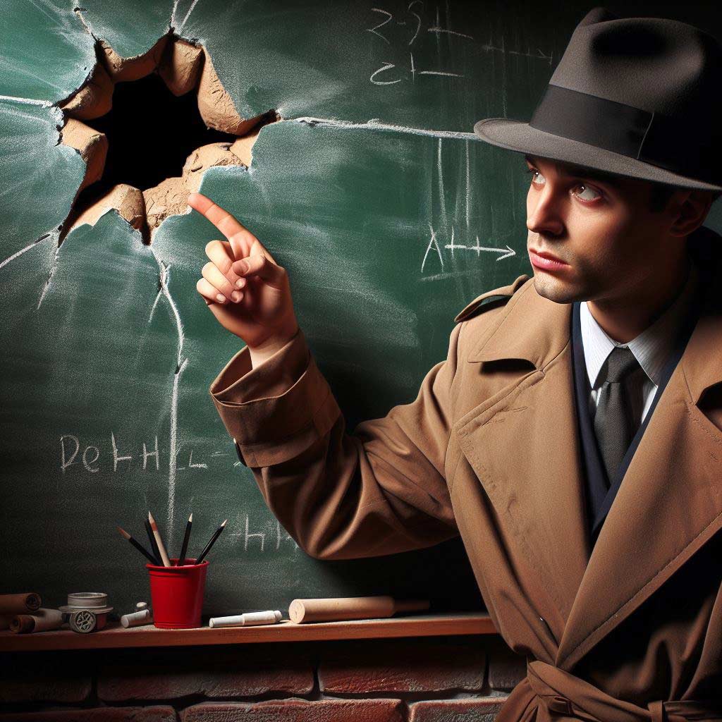 illustrated image of a detective noir character wearing a trench coat and fedora gesturing with a pointer at glowing plot hole on chalkboard covered in illegible scrawls and crossed out paradoxes, representing continuity errors and discrepancies in film script timelines and character details that undermine logic.