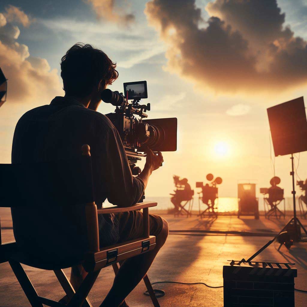 An artistic rear view of a director framing a shot on set against a vibrant sunset. This evokes concluding sentiments in post about committing fully to your screenwriting dreams through whichever educational path feels right to you in order to manifest creative visions into productions.