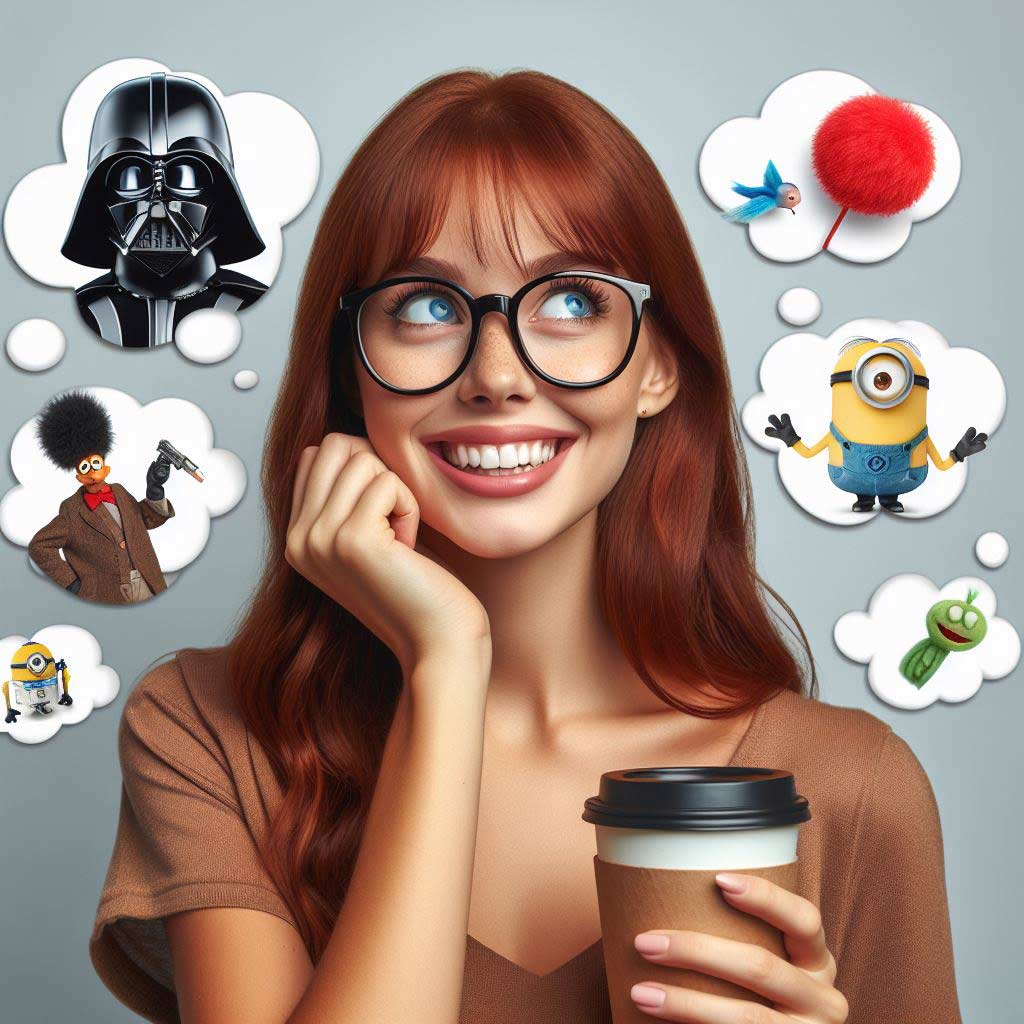 A smiling young woman with red hair wears oversized glasses and stares whimsically upwards with a coffee cup in hand. Thought bubbles around her head contain Darth Vader from Star Wars, Forrest Gump, and the yellow Minions characters.