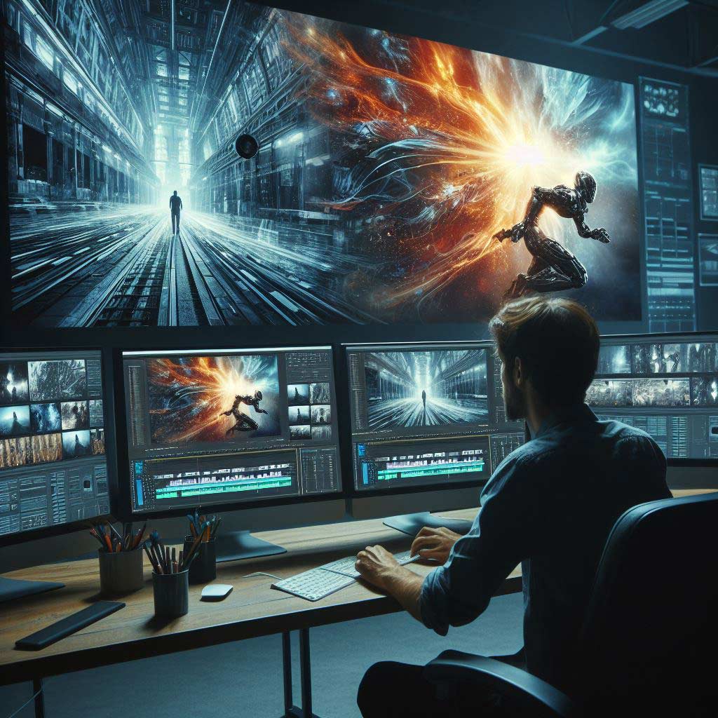 A film editor works intently at a digital editing suite with multiple monitors to review and precisely compile clips for an impactful movie montage sequence involving romance and suspenseful action.