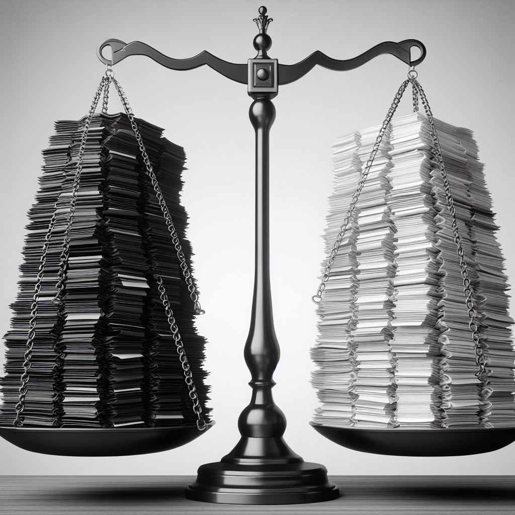 Scales visual depicts a single underdog script document compared to a tall towering stack of screenplays representing immense competition writers face trying to advance their work