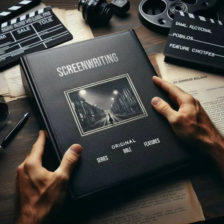 Film Director Reviewing Bound Screenwriting Portfolio Full of Original Script Content