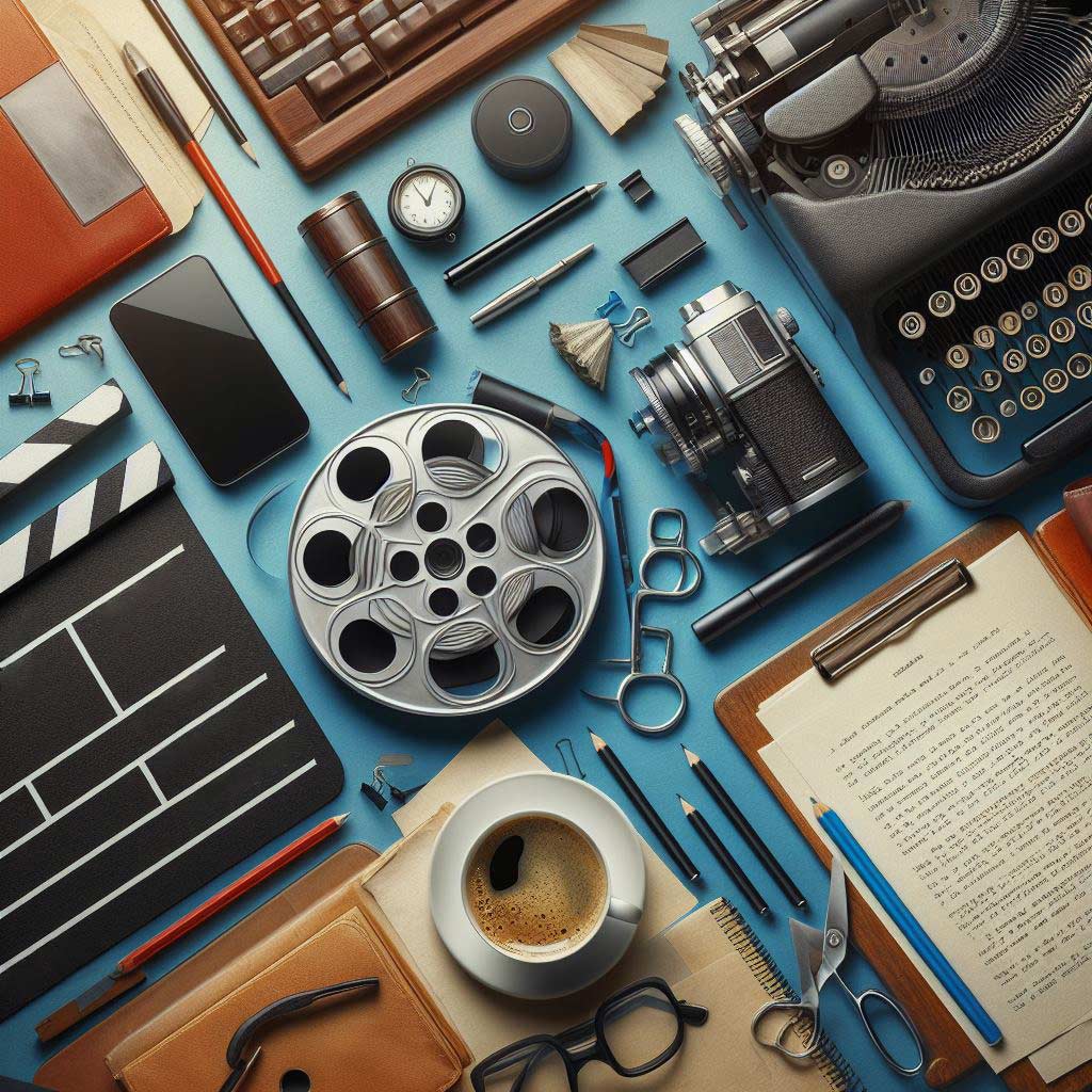 A collage of objects related to cinema and writing including film reel, clapperboard, typewriter, coffee mug, laptop and stacked scripts