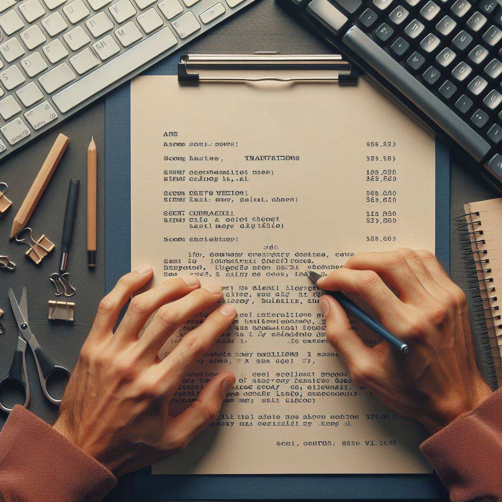 Close up of hands actively typing elements of a properly formatted script page including scene headers, transitions, character names and sample dialogue text