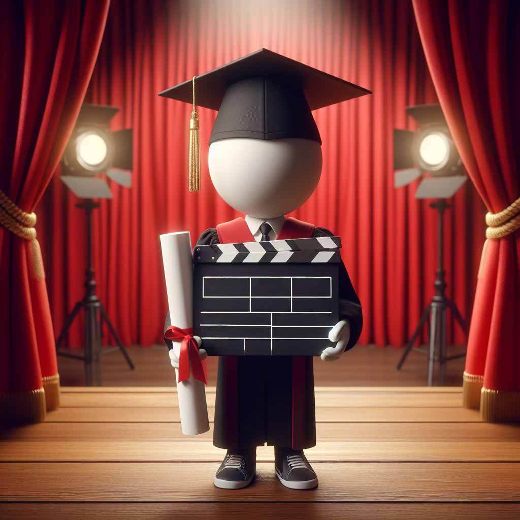 A graduate wears a director's clapboard as their graduation cap and holds up their diploma in one hand. They stand confidently on a wooden stage with their shoulders back. A lush red curtain provides backdrop highlighting them as the focus. The entire composition symbolizes pride and achievement gained from dedicated study of screenwriting craft.