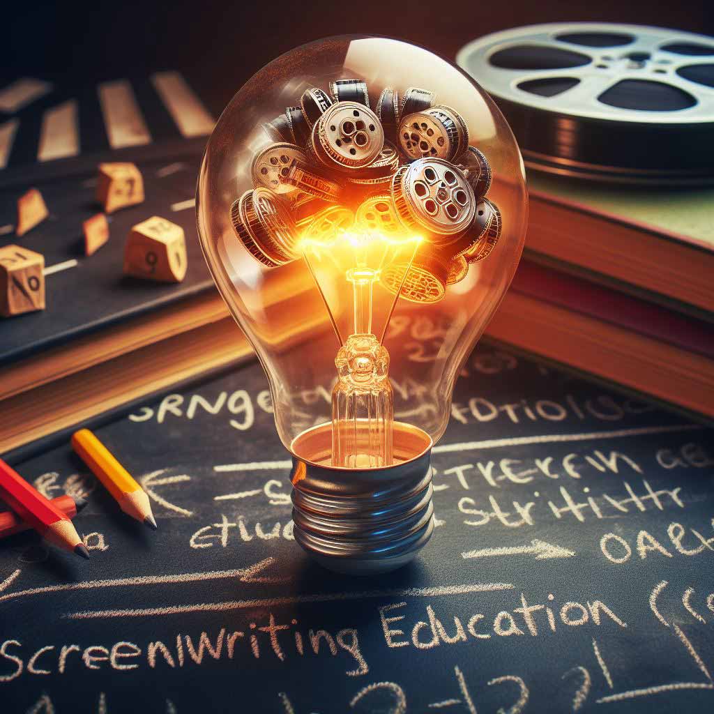 Concept depicting glowing bulb with film reels inside as a visual metaphor showing story ideas lighting up via systematic screenwriting education