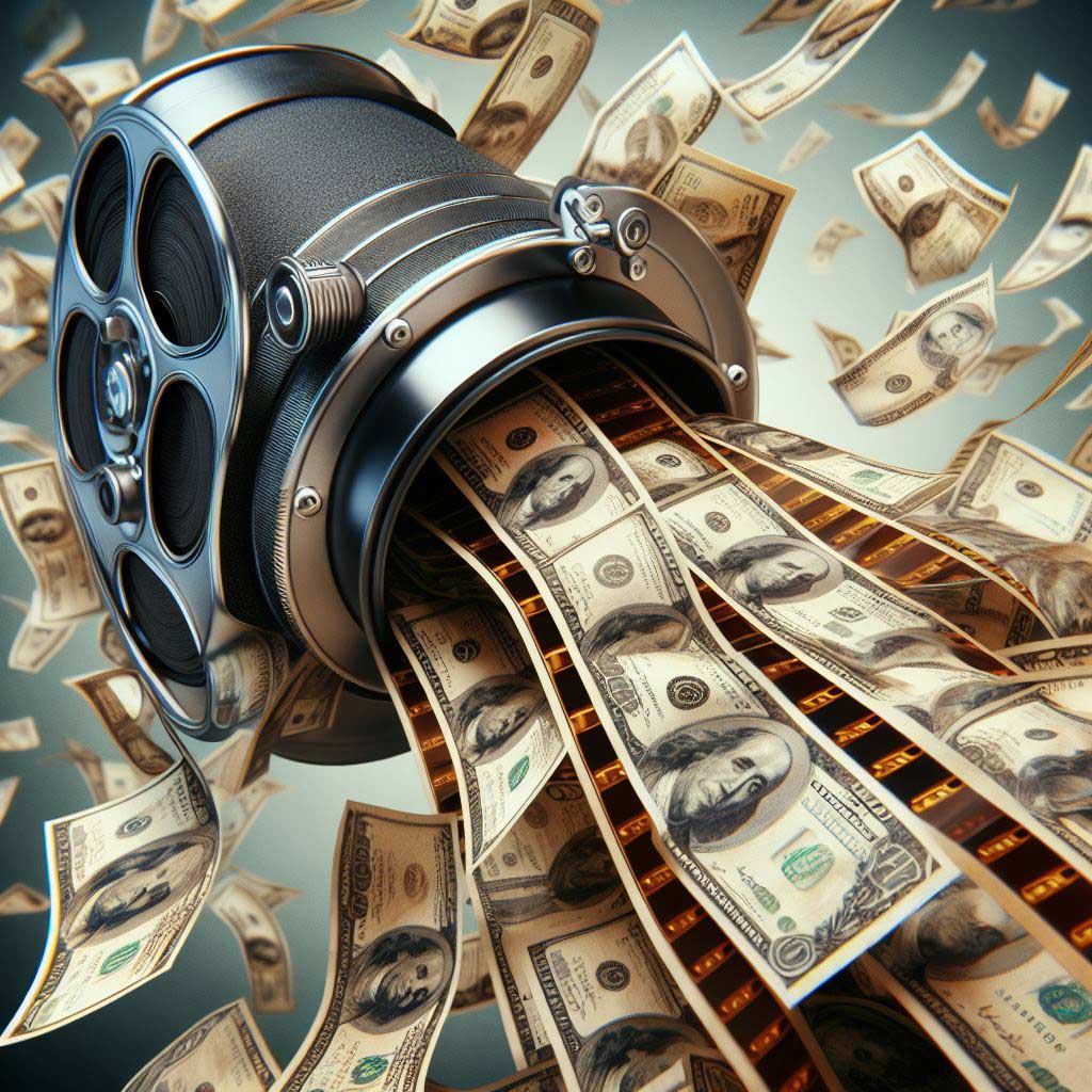 Quickly spinning old Hollywood movie film reels unraveling from an open canister have realist hundred dollar bills intermixed fluttering out symbolizing lucrative script sale profits.