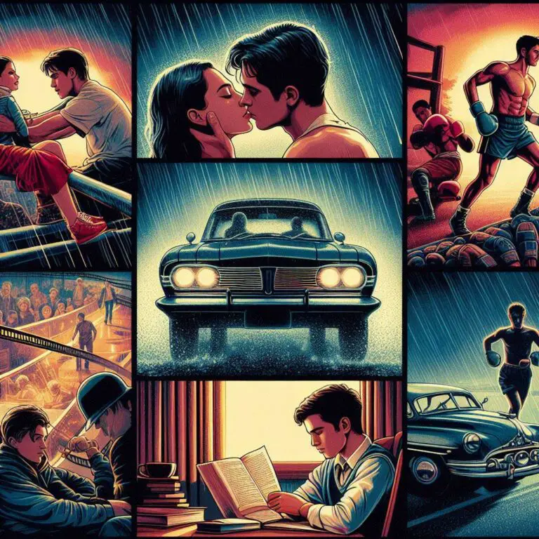 A vintage 35mm circular film reel in the artistic style of classic movie posters displays a four scene montage sequence. The first iconic vignette shows a couple kissing passionately in the rain with a city backdrop. The next features a gritty boxer punching heavy bags in a dark gym. Third, a studious teenager hunches attentively over textbooks late at night by lamplight, note-taking intensely. The final frame depicts a 1960s convertible driving down an open two-lane highway across desert plains with mountains in the distance to represent a cross-country travel journey. Together these core montage concepts symbolize common applications within screenwriting and film contexts across romance, preparation training spanning time periods, schools of hard knocks, and pivotal life transitions on the open road.
