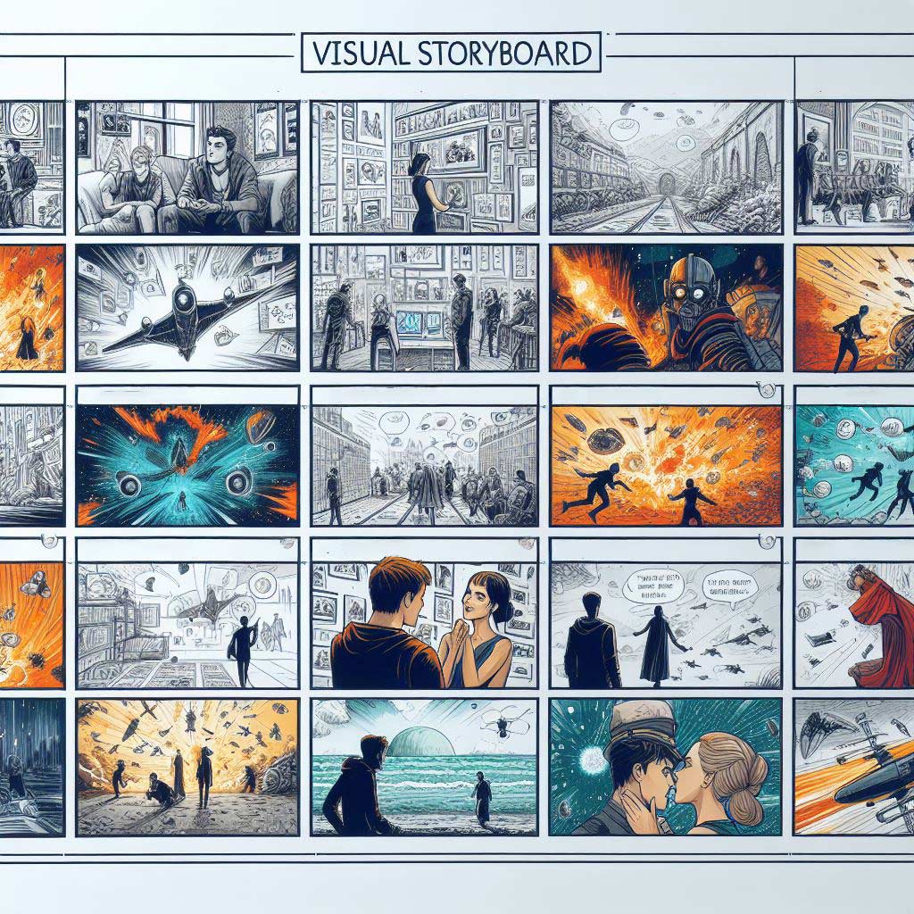 A visual storyboard wall lined with comic-style panel sketches planning out symbolic movie montage sequences involving travel, athletic training, a couple's romance, and the passage of time.