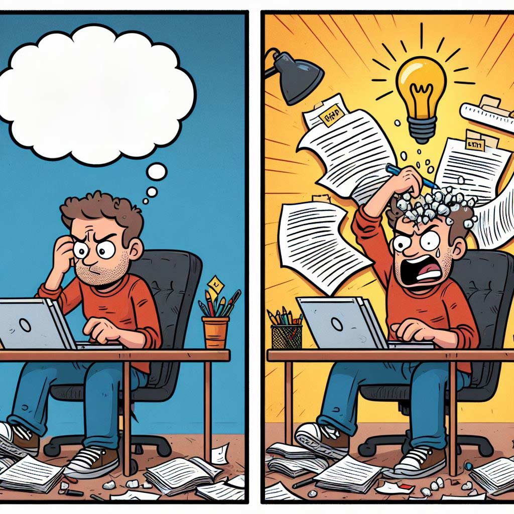 Three panel comic shows man frustrated while scriptwriting, then he begins outlining with a lightbulb over his head as he starts to smile with clarity