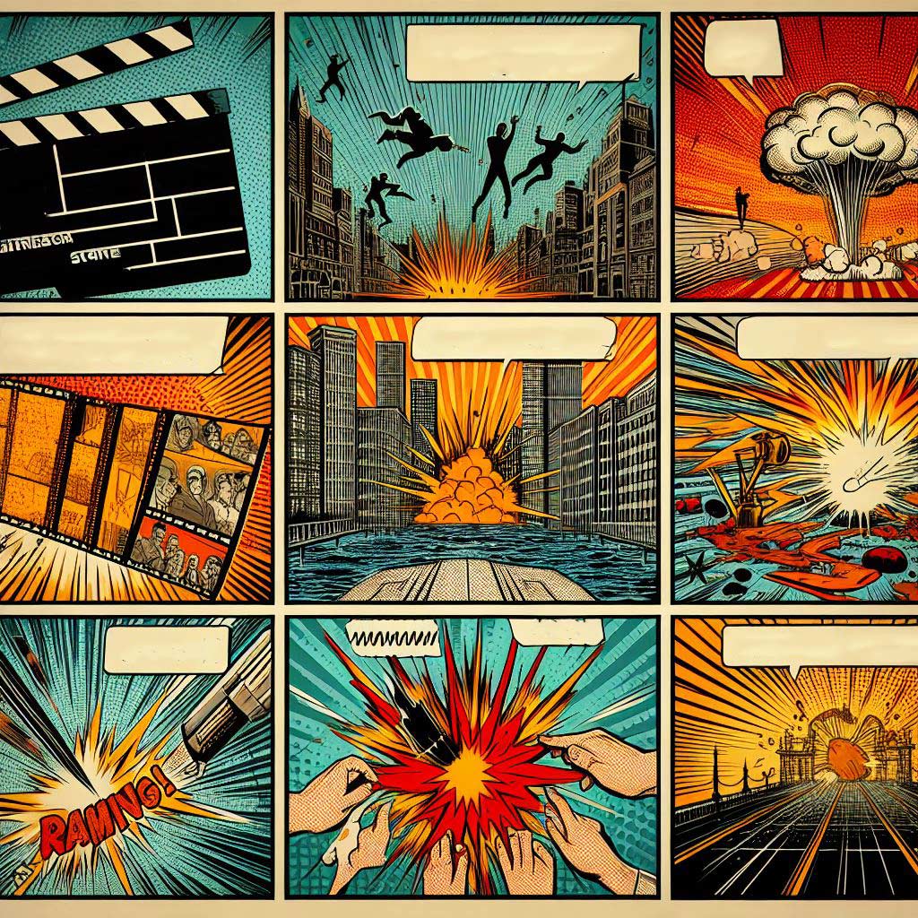 A four panel black and white retro cartoon graphic with icons demonstrating story beats and rising/falling action across the three act film script outline structure