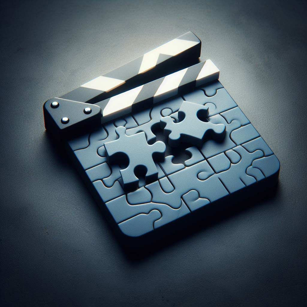 Assorted jigsaw pieces clicking perfectly into place to create the coherent image of a movie clapperboard representing the unified storytelling made possible by tight script continuity.