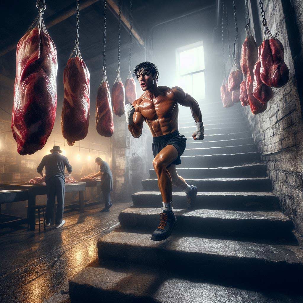 A determined Rocky Balboa energetically sprints up a towering flight of city steps as part of his intense physical training regimen to build strength for an upcoming fight.