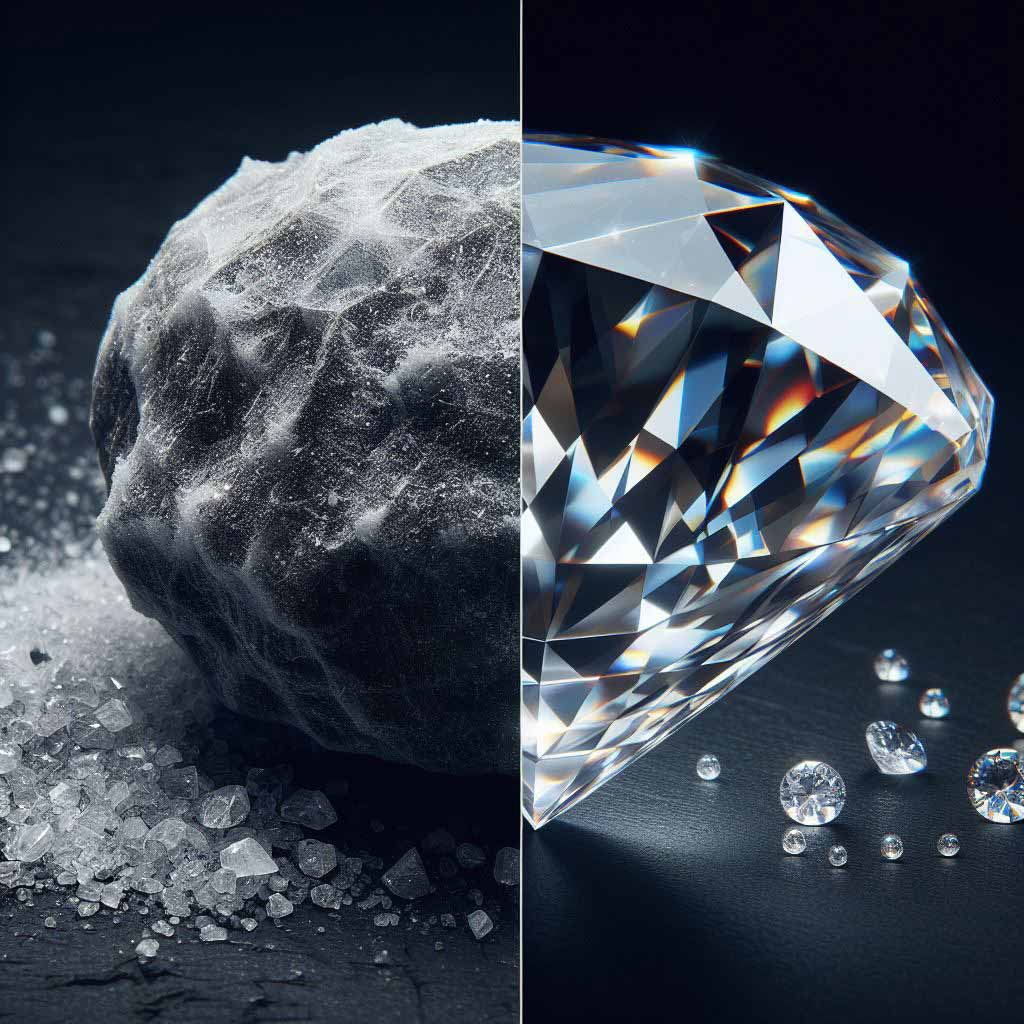 A visual metaphor depicting an unrefined versus refined diamond to indicate how natural screenwriting flair transforms through systematic learning into mastery