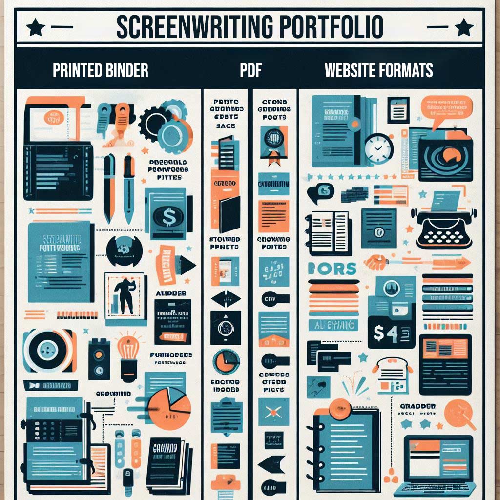Infographic of screenwriting portfolio format methods - printed, PDF and website