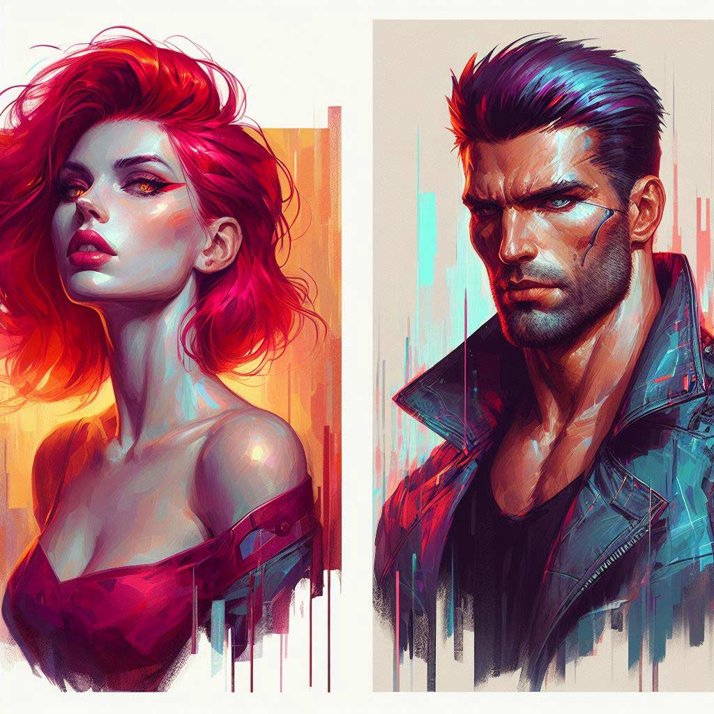  Character concept paintings depicting a powerful red-haired woman in an action pose and intense brooding cyberpunk man against vibrant backgrounds