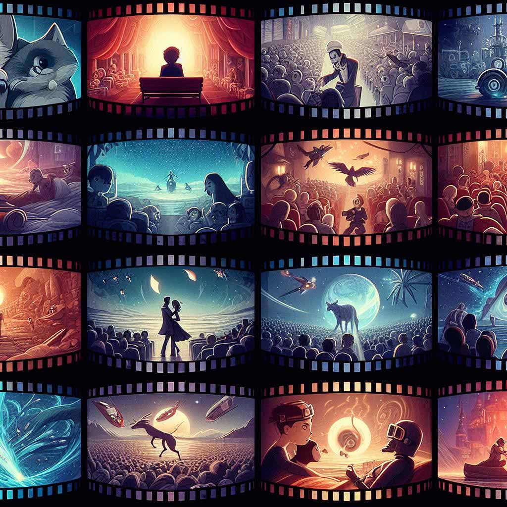 A collage of rolling film reels previewing contrasting movie genres highlighting the need for screenwriters to showcase voice across multiple styles