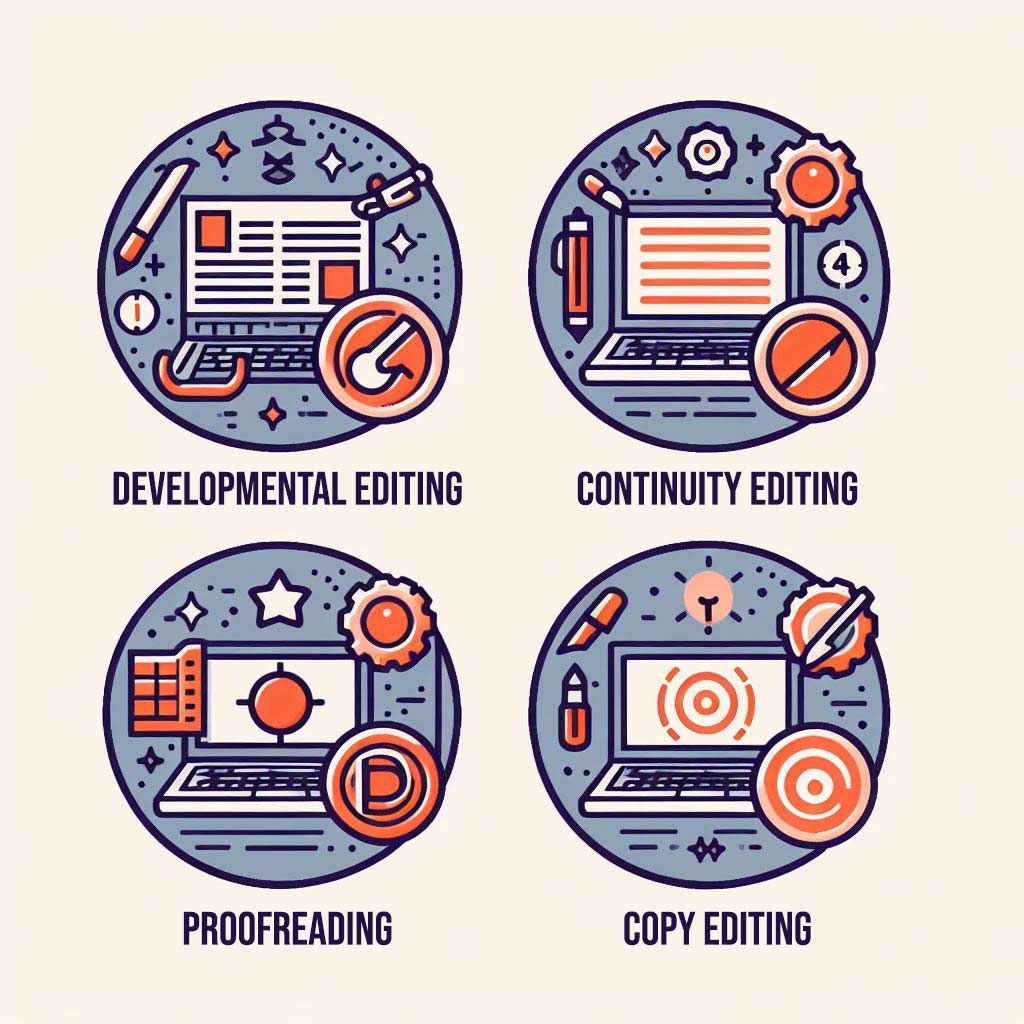 Flat color iconography visually defining the developmental, proofreading, copy editing and continuity editing responsibilities that script analysis encompasses