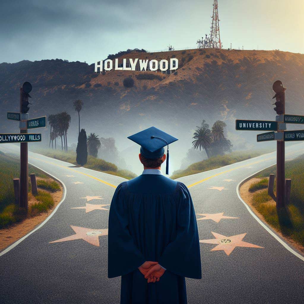 A student wearing a graduation cap and gown stands at a fork in a road deciding between two divergent paths to becoming a screenwriter. One route leads towards tall ivy-covered university building doors symbolizing pursuing a film degree. The other path winds towards the iconic Hollywood sign representing forgoing school to self-educate and sell scripts in Hollywood. Only one road can be chosen to achieve their screenwriting dreams.