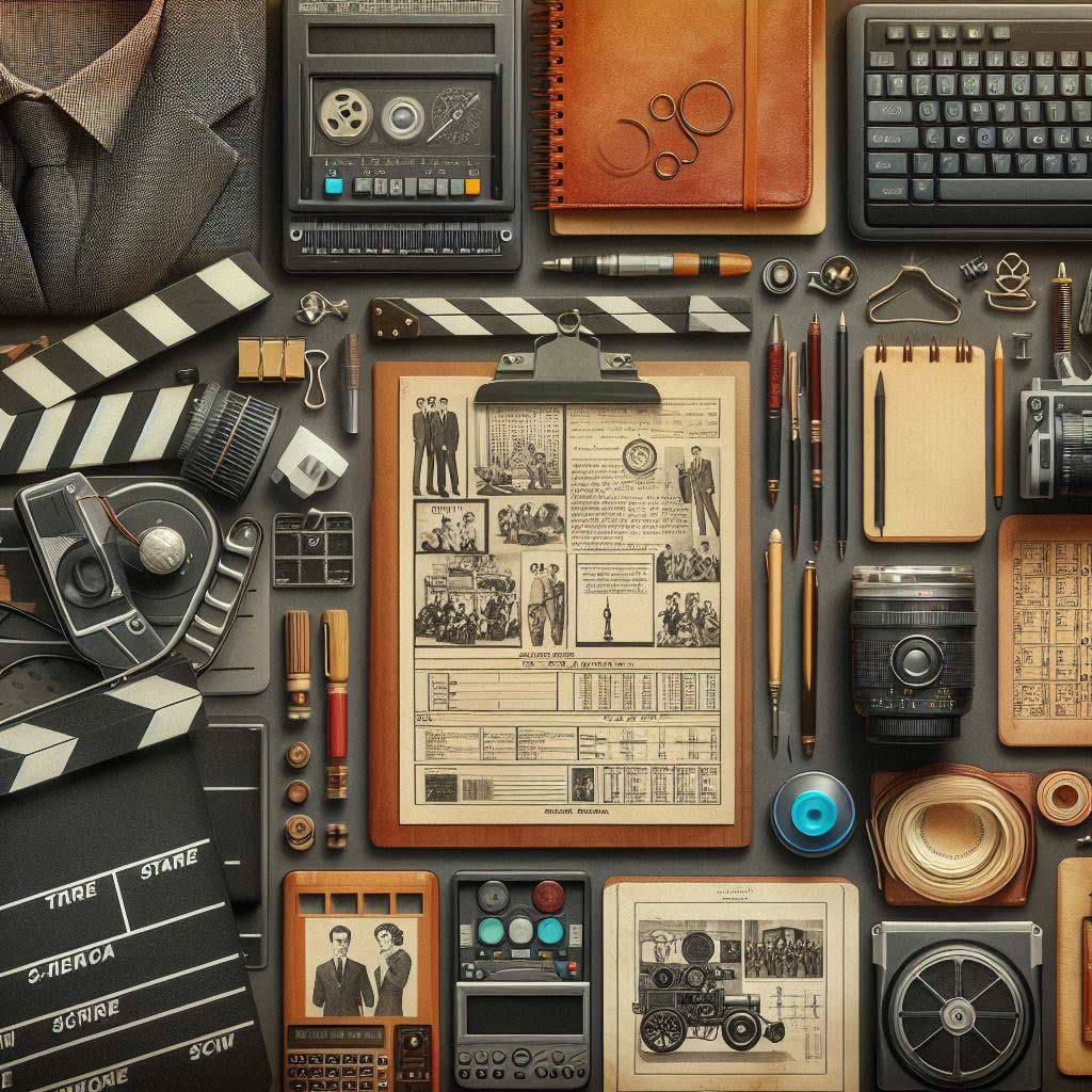 Grid collage displaying the array of tools like clapperboards and notebooks that script supervisors rely upon to excel at logging details