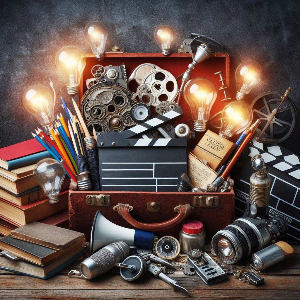 An overflowing red toolbox with various screenwriting educational resources spilling out - books, printed scripts, clapperboards, megaphones, and lightbulbs shining brightly to represent the ideas, tools and inspiration one needs to learn screenwriting and understand the entertainment industry outside of formal university study.