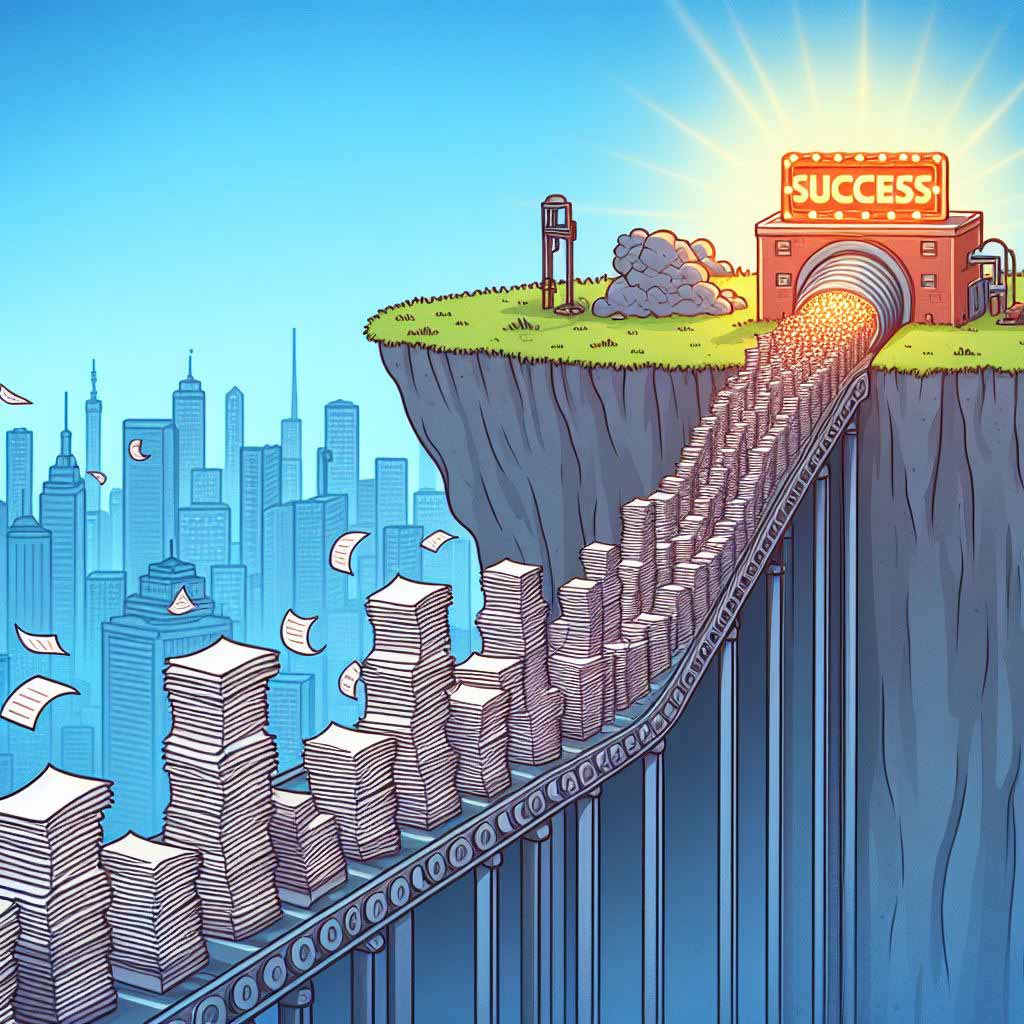Cartoon image depicts tall stack of screenplays on conveyor belt moving towards a shining city in the distance representing success. As the scripts move along the belt, most get rejected and fall over a cliff edge, causing the stack to shrink smaller and smaller with only a few left remaining by the end.