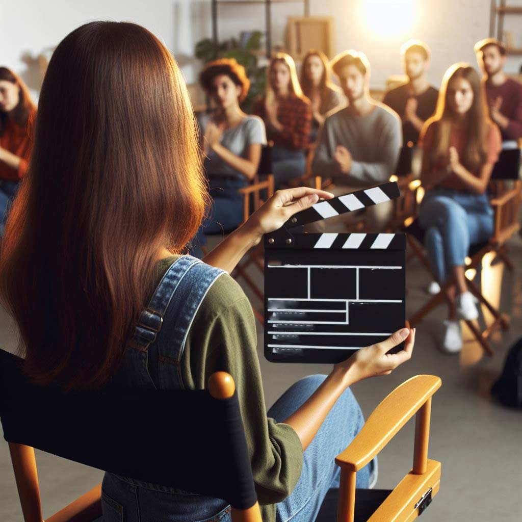 A female director leads a class of hopeful students in an electrified discussion on the art and business of screenwriting. Engaged future writers furiously scribble notes, determined to learn what makes great scripts connect with wide audiences according to proven Hollywood story standards. A clapperboard foregrounds the inspirational creative writing instruction unfolding.