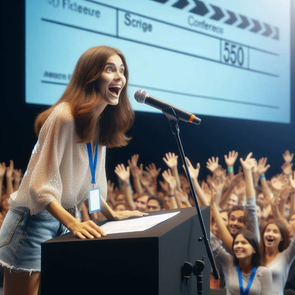A young screenwriter stands confidently on stage under a spotlight. She gestures expressively with one hand raised as she enthusiastically pitches her script idea to an audience of producers and agents sitting in darkness who lean forward, captivated by her words.