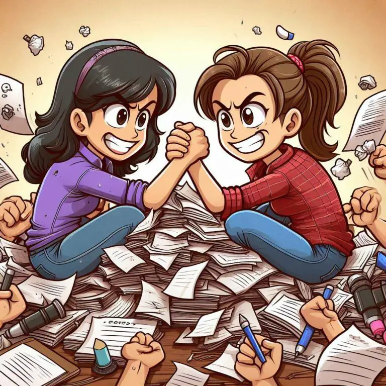 Two cartoon writers depicted as boxers arm wrestling on top of a large pile of crumpled script pages and sheet music, illustrating the competitive nature of earning screenwriting credit.
