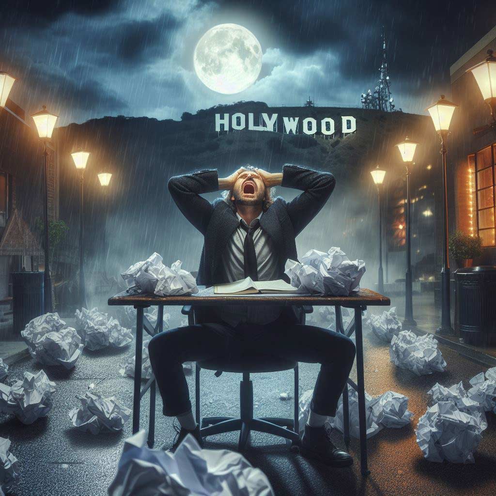 A frustrated writer stands outside with crumpled rejected script pages held tight in one hand while throwing his other hand up towards the Hollywood sign atop a hill in the background under gloomy stormy skies and clouds.