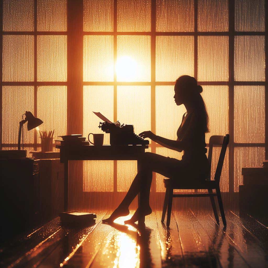 Backlit silhouette of focused scriptwriter hard at work on typewriter while raindrops stream down window conveys the solitary pursuit of perfecting one's craft in hopes of big breaks and riches down the line.